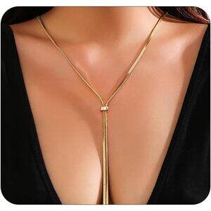 Dainty Long Gold Necklace for Women,Thin Herringbone Chain Necklace,Long Lariat
